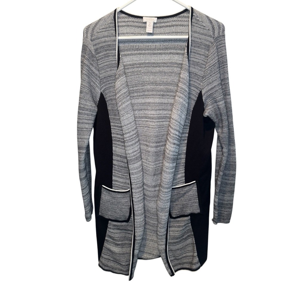 Chicos Womens Grey Black Open Front Textured Knit Colorblock Cardigan 2/L